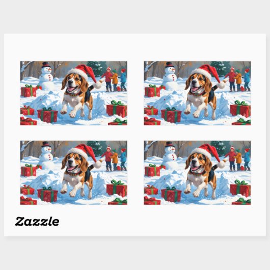 Beagle Kerstfeest Sneeuwscène Rechthoekige Sticker (Vel)