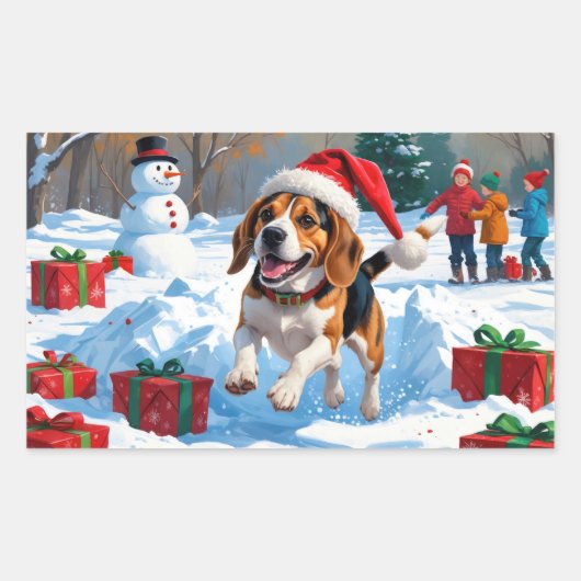 Beagle Kerstfeest Sneeuwscène Rechthoekige Sticker (Voorkant)
