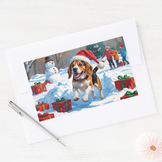 Beagle Kerstfeest Sneeuwscène Rechthoekige Sticker (Envelop)