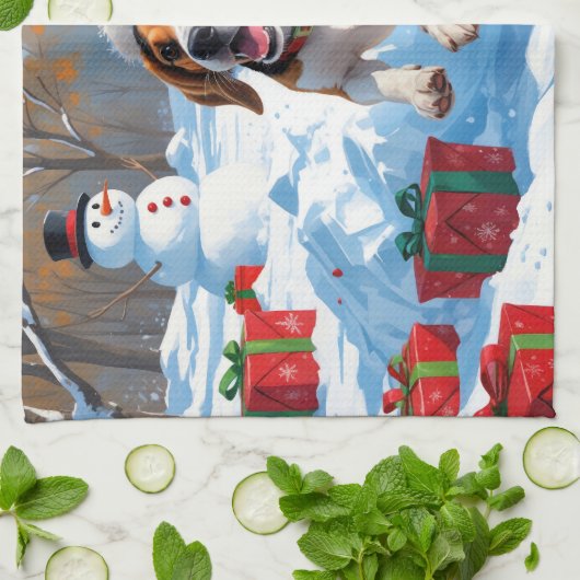 Beagle Kerstfeest Sneeuwscène Theedoek (Gevouwen)