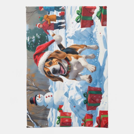 Beagle Kerstfeest Sneeuwscène Theedoek (Verticaal)