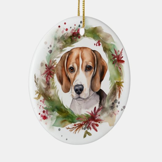 Beagle Kerstkrans Feestelijke Pup Keramisch Ornament (Rechts)