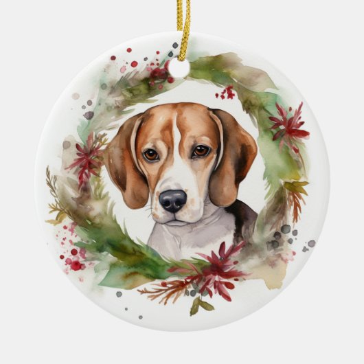 Beagle Kerstkrans Feestelijke Pup Keramisch Ornament (Voorkant)