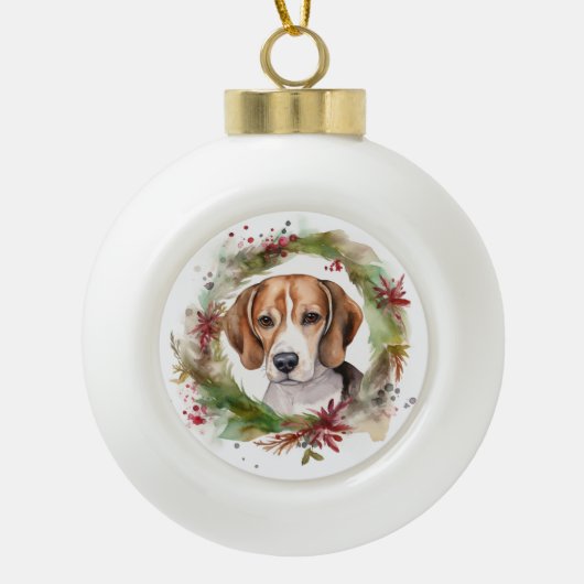 Beagle Kerstkrans Feestelijke Pup Keramische Bal Ornament (Voorkant)