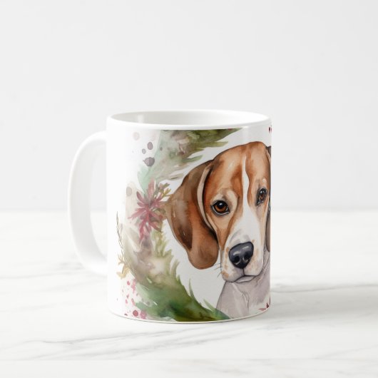 Beagle Kerstkrans Feestelijke Pup Koffiemok (Voorkant links)