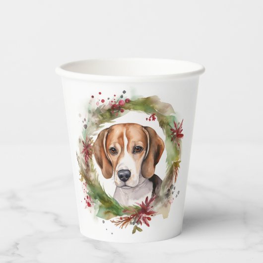 Beagle Kerstkrans Feestelijke Pup Papieren Bekers (Voorkant)