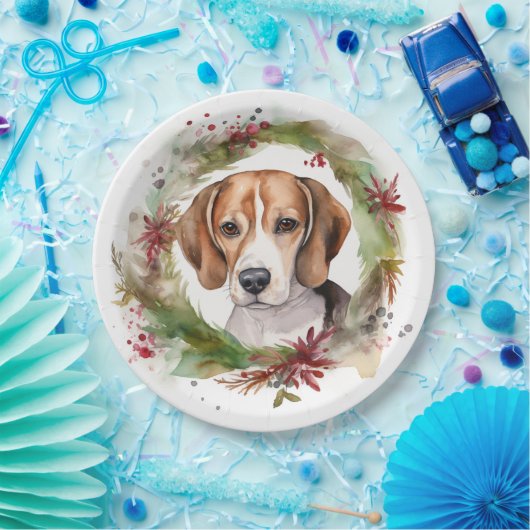 Beagle Kerstkrans Feestelijke Pup Papieren Bordje (Feest)