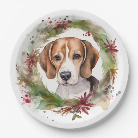 Beagle Kerstkrans Feestelijke Pup Papieren Bordje (Voorkant)