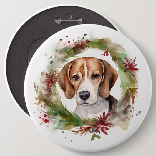 Beagle Kerstkrans Feestelijke Pup Ronde Button 6,0 Cm (Voorkant /achterkant)