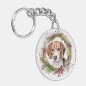 Beagle Kerstkrans Feestelijke Pup Sleutelhanger (Voorkant Links)