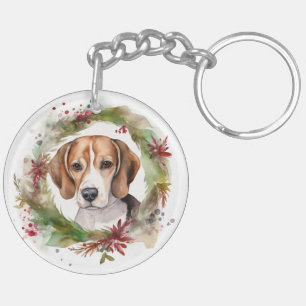 Beagle Kerstkrans Feestelijke Pup Sleutelhanger