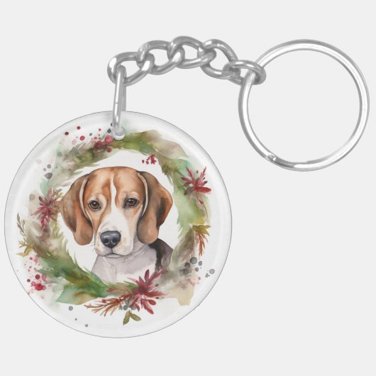 Beagle Kerstkrans Feestelijke Pup Sleutelhanger (Achterkant Links)