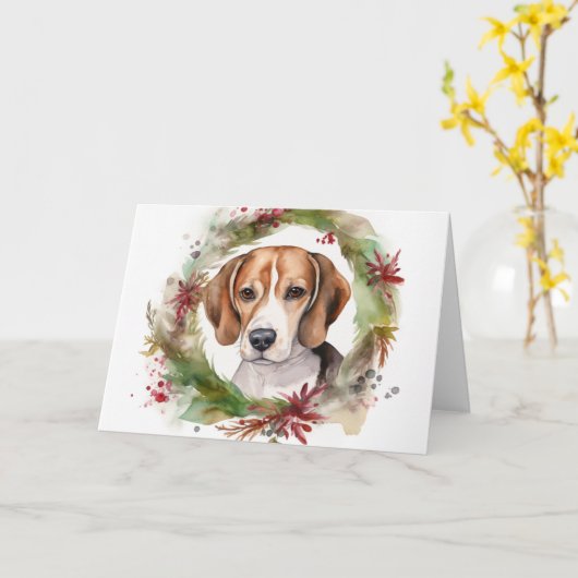 Beagle Kerstkrans Festieve Pup Kaart (Gele Bloem)