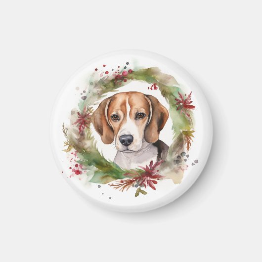 Beagle Kerstkrans Festieve Pup Magneet (Voorkant)