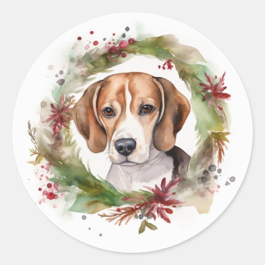 Beagle Kerstkrans Festieve Pup Ronde Sticker (Voorkant)