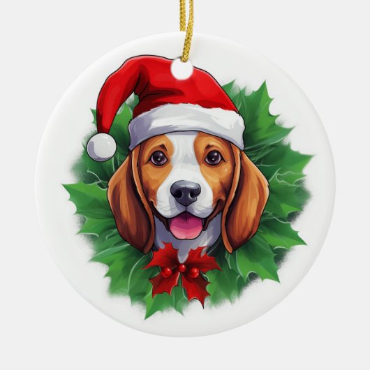 Beagle kerstkrans keramisch ornament (Voorkant)