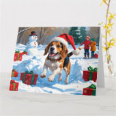 Beagle Kerstmis Festieve Sneeuw Scène Kaart (Gele Bloem)