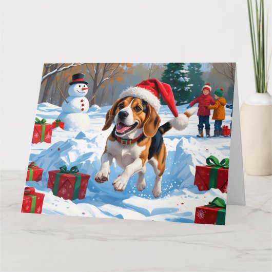 Beagle Kerstmis Festieve Sneeuw Scène Kaart (Voorkant)