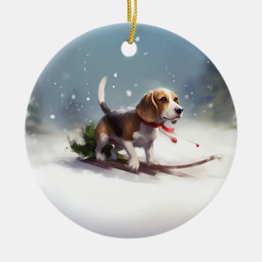 Beagle Kerstmis sneeuw winter Keramisch Ornament (Voorkant)