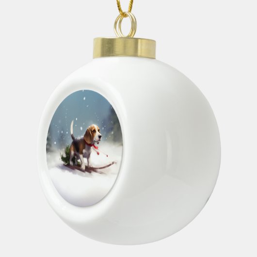 Beagle Kerstmis sneeuw winter Keramische Bal Ornament (Rechts)