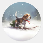 Beagle Kerstmis sneeuw winter Ronde Sticker (Voorkant)