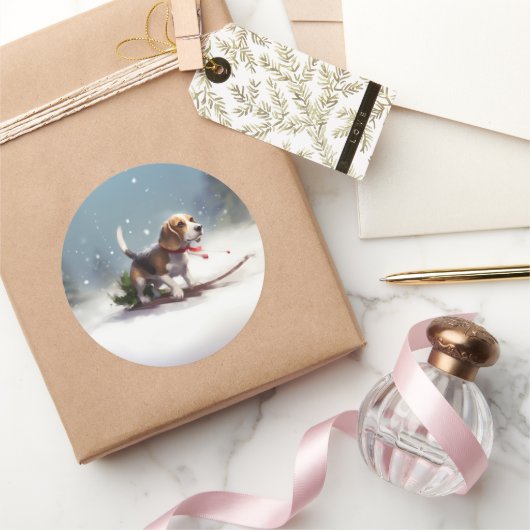 Beagle Kerstmis sneeuw winter Ronde Sticker (Geschenken)