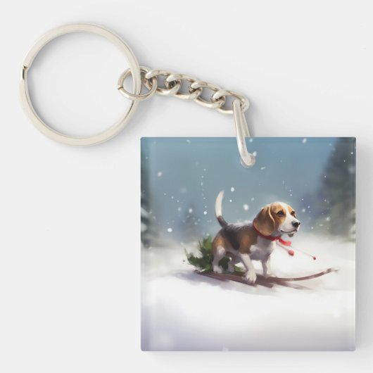 Beagle Kerstmis sneeuw winter Sleutelhanger (Voorkant)