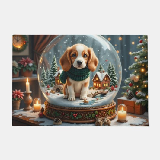 Beagle Kerstmis Sneeuwbol Kunst Deurmat (Voorkant)