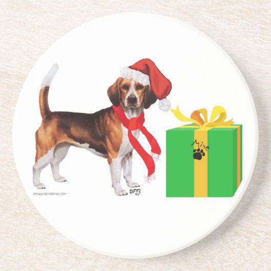 Beagle Kerstmis Zandsteen Onderzetter (Voorkant)