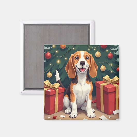 Beagle kerstochtend cadeau-uitpak schilderij magneet (Voorkant / Achterkant)