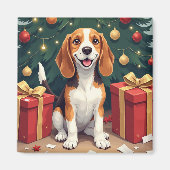 Beagle kerstochtend cadeau-uitpak schilderij magneet (Voorkant)