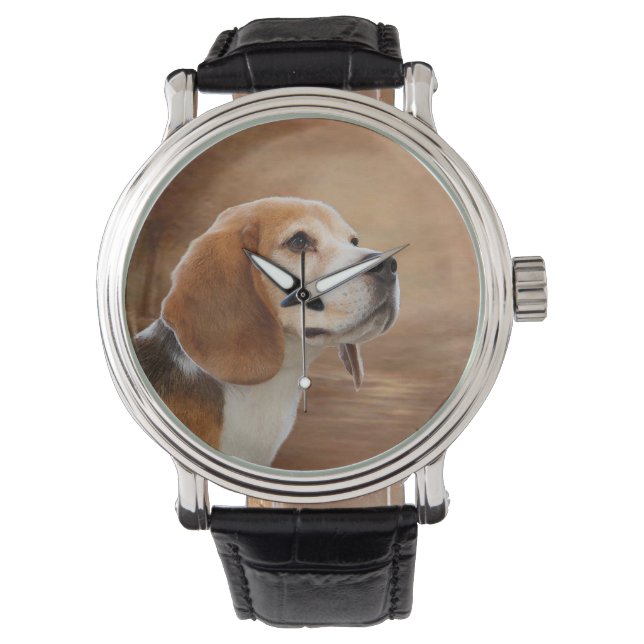 Beagle  lederen bandhorloge, zwart leder horloge (Voorkant)