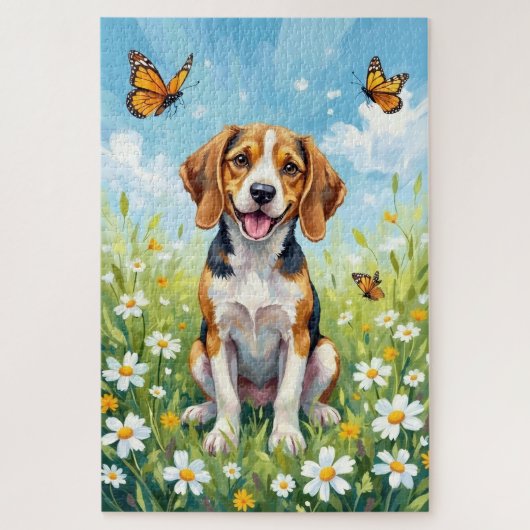 Beagle Lente Weide Bloem Honden Legpuzzel (Verticaal)