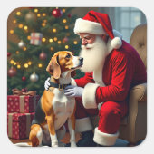 Beagle Meets Santa Christmas Painting Vierkante Sticker (Voorkant)