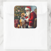 Beagle Meets Santa Christmas Painting Vierkante Sticker (Tas)