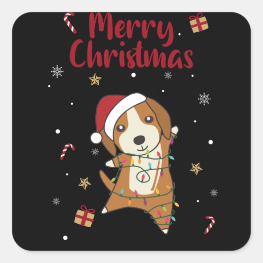 Beagle Merry Christmas Winter Animals Dog Vierkante Sticker (Voorkant)