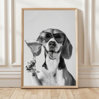 Beagle met een cocktail Kunst aan de muur, Zwart e Poster