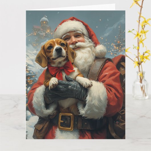 Beagle met Kerstman Feestelijke Kerst Kaart (Gele Bloem)