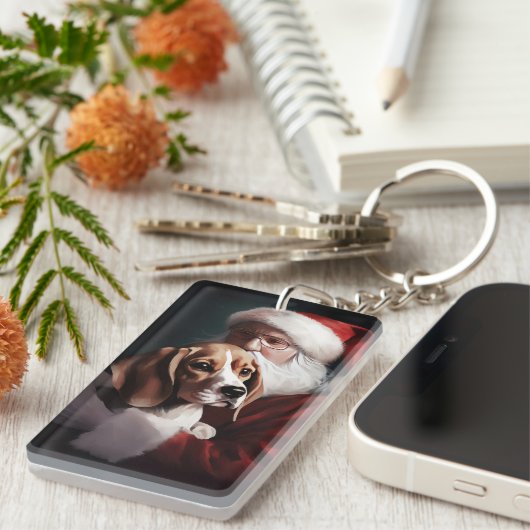 Beagle Met Kerstman Festieve Kerst Sleutelhanger (Voorkant Rechts)