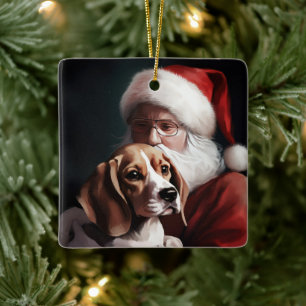 Beagle Met Kerstman Festieve Kerstmis Keramisch Ornament