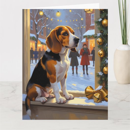 Beagle met kerstverlichting vakantie kaart (Voorkant)