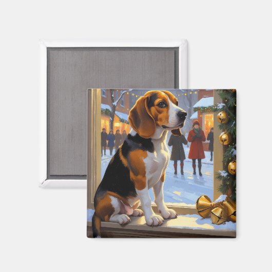 Beagle Met Kerstverlichting Vakantie Magneet (Voorkant / Achterkant)