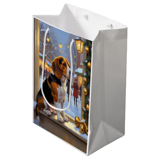 Beagle Met Kerstverlichting Vakantie Medium Cadeauzakje (Voorkant Gekanteld)