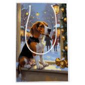 Beagle Met Kerstverlichting Vakantie Medium Cadeauzakje (Voorkant)