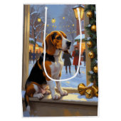 Beagle Met Kerstverlichting Vakantie Medium Cadeauzakje (Achterkant)
