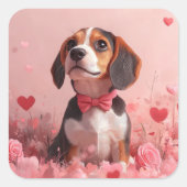Beagle met Rozen - Valentijnsdag Vierkante Sticker (Voorkant)