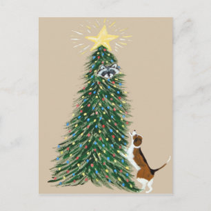 Beagle met Wasbeer in Kerstboom Briefkaart