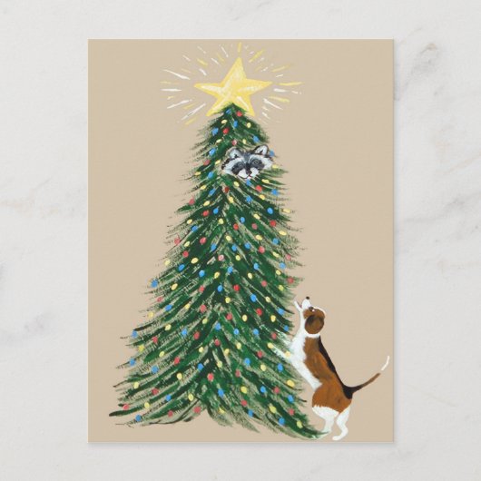 Beagle met Wasbeer in Kerstboom Briefkaart (Voorkant)