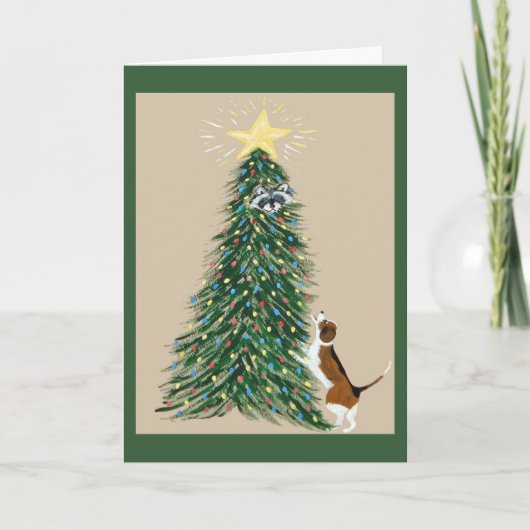 Beagle Met Wasbeer in Kerstboom Kaart (Voorkant)