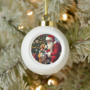 Beagle Ontmoet Sinterklaas Kerstschilderij Keramische Bal Ornament